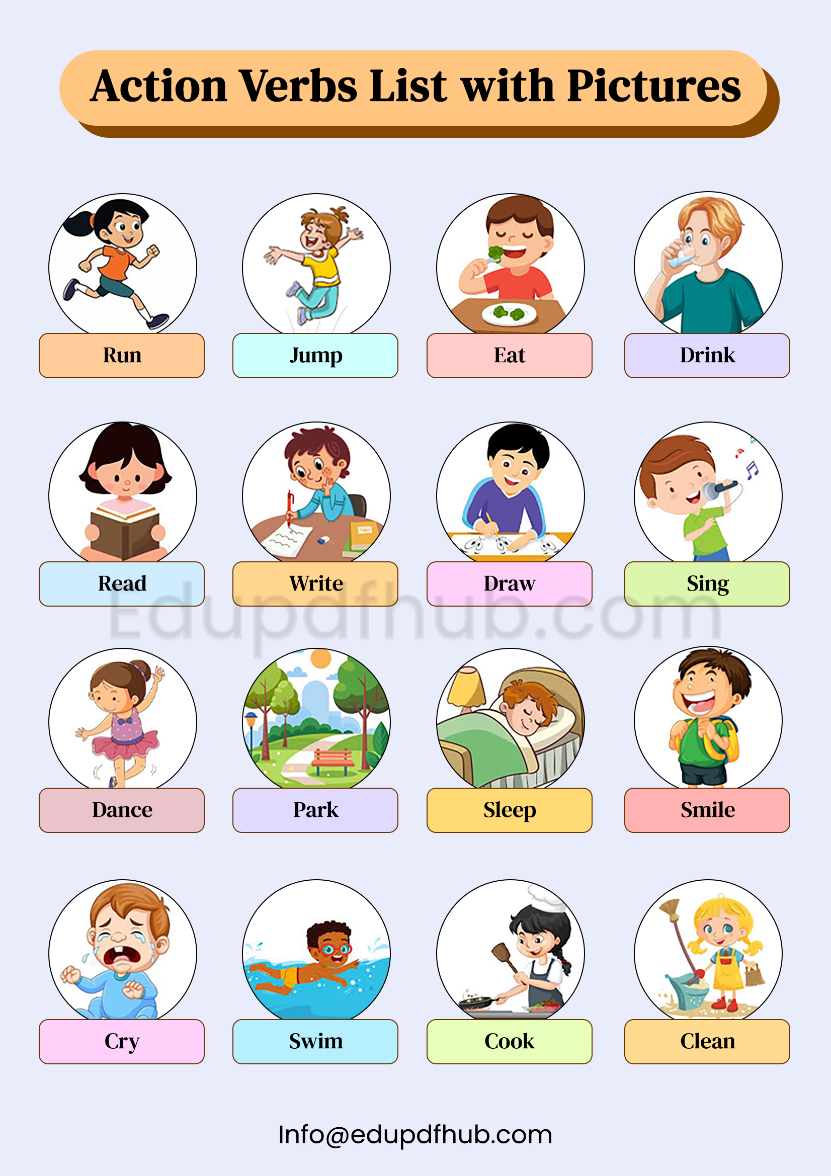 Action Verbs List with Pictures PDF Download for Kids